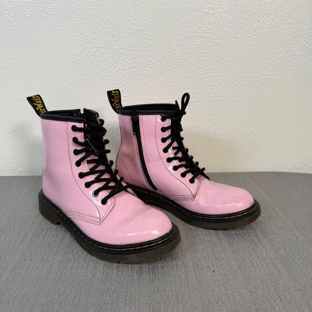 Dr. Martens 1460 J Pale Pink Patent Leather Lace Up Side Zip Boots Girls 3